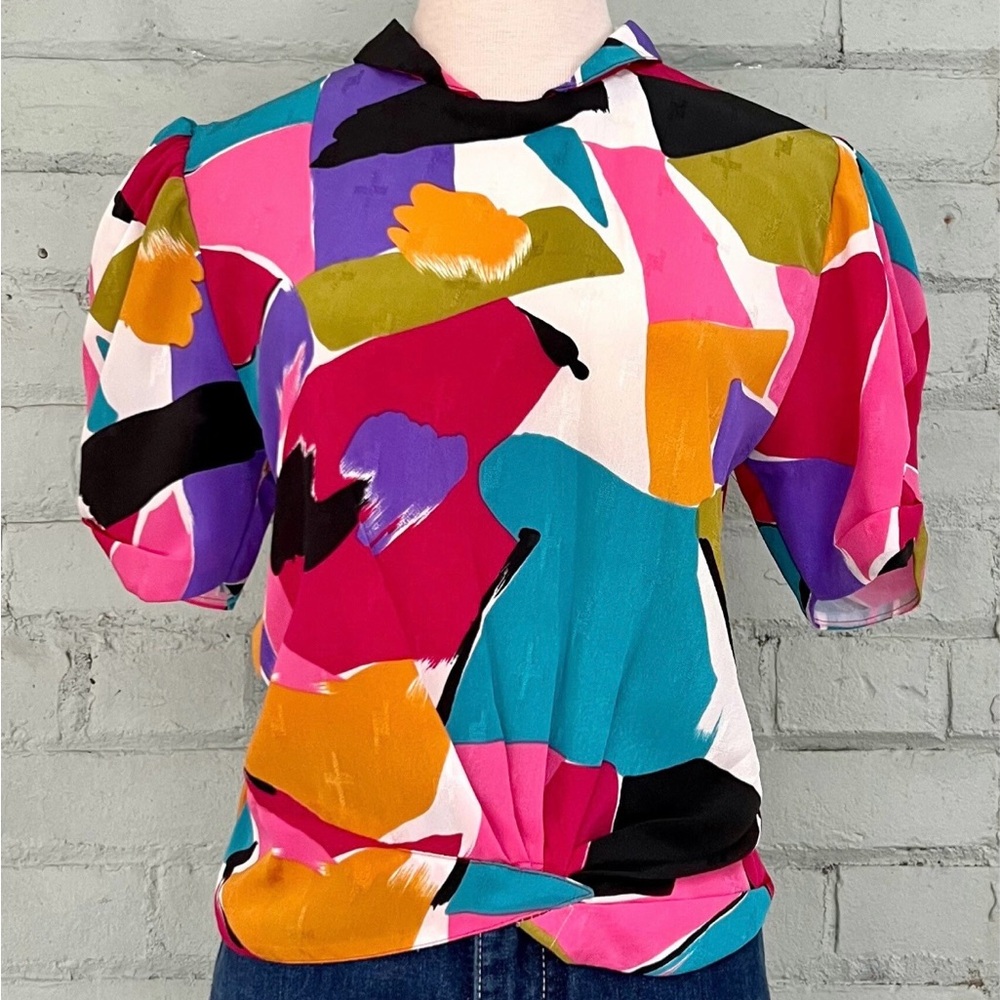 Vintage Short Sleeve Print Blouse with Puff Sleeves
